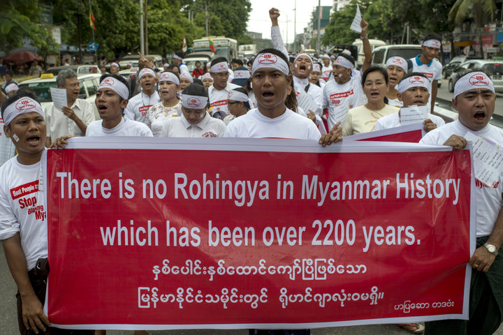 YANGON, BURMA - MAY 27: Buddhist nationalists demonstrate against the UN and the return of Rohingya Muslims May 27, 2015 in Yangon, Burma. Radical Buddhist nationalists protest the international pressure on Myanmar to accept the repatriation of persecuted Rohingya boat refugees. (Photo by Jonas Gratzer/Getty Images)
